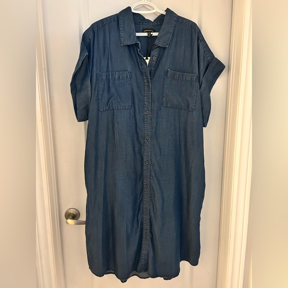 Denim Button-Front Shirt Dress in Deep Blue